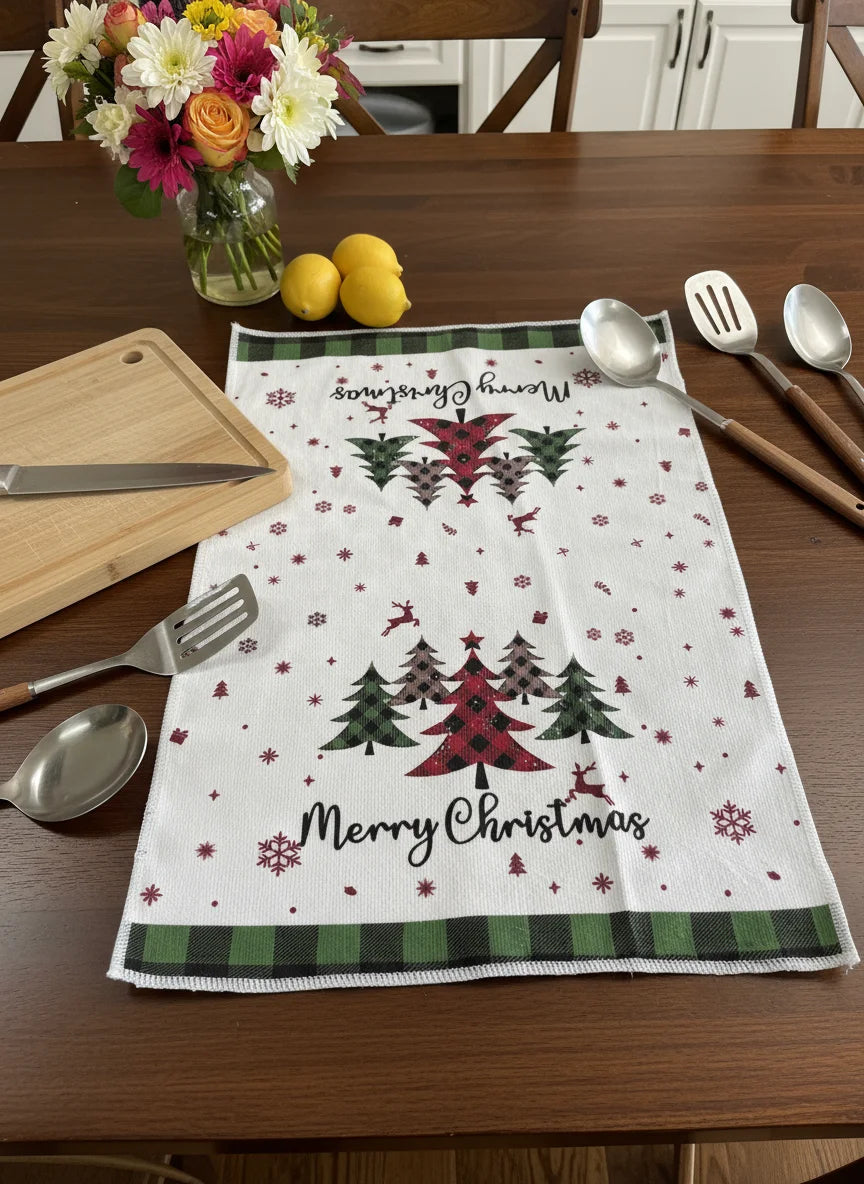 5Pcs Christmas Kitchen Towels and Dishcloth Absorbent Santa Snowman Truck Hand Dish Tea Towel Winter Holiday Decoration for Xmas