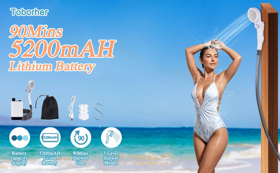 Portable camping shower unit. Portable outdoor camping shower unit. Equipped with 5200 mah battery.Shower duration: 80 minutes