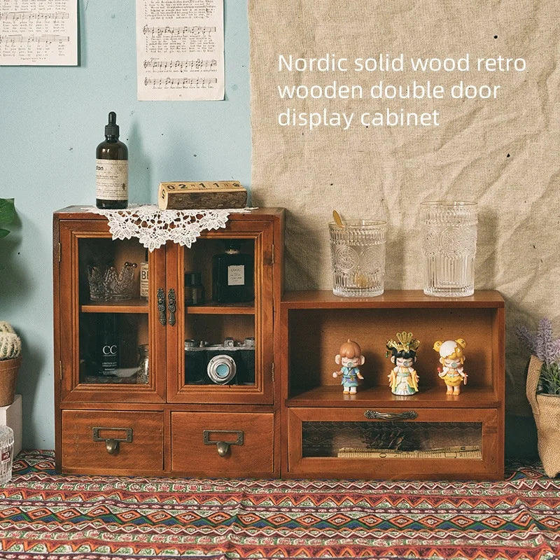 Nordic solid wood retro wooden double door display cabinet miscellaneous cosmetics storage cabinet drawer desktop storage box