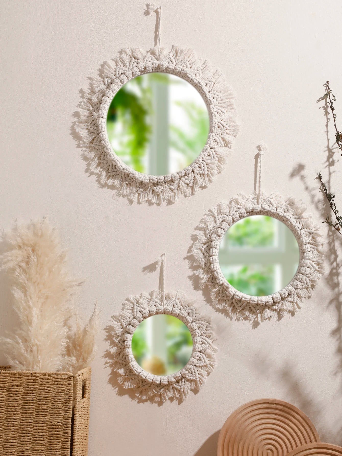 Boho Hand Woven Macrame Decorative Mirrors Wall Hanging Home Decoration Nordic Bedroom Living Room Wall Tapestry Crafts Decor