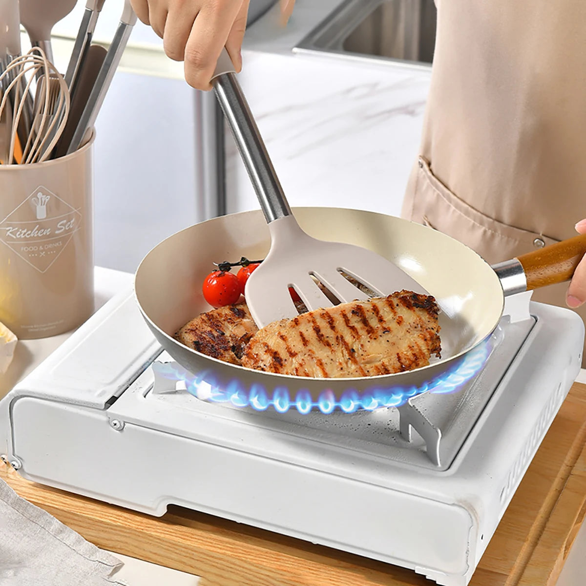 15pcs Silicone Kitchenware Set Stainless Steel Handle Cooking Utensils Spatula Spoon Food Clip Kitchen Tool with Storage Bucket