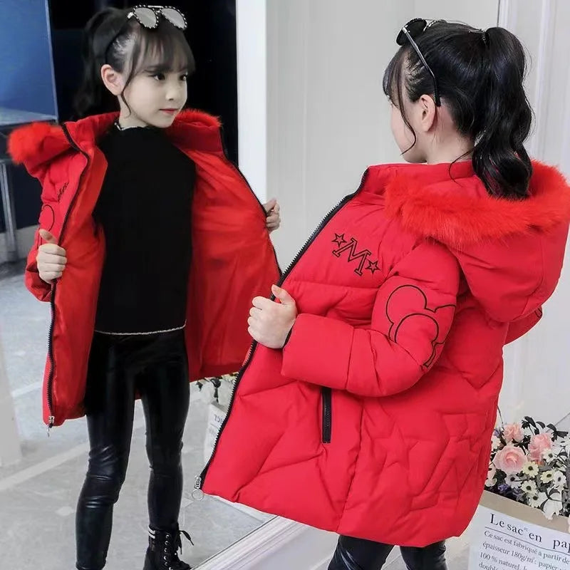 5-14 Years Old Winter Boys Girls Jacket Long Style Hooded Fur Collar Colorful Heavy Coat For Kids Children Outerwear