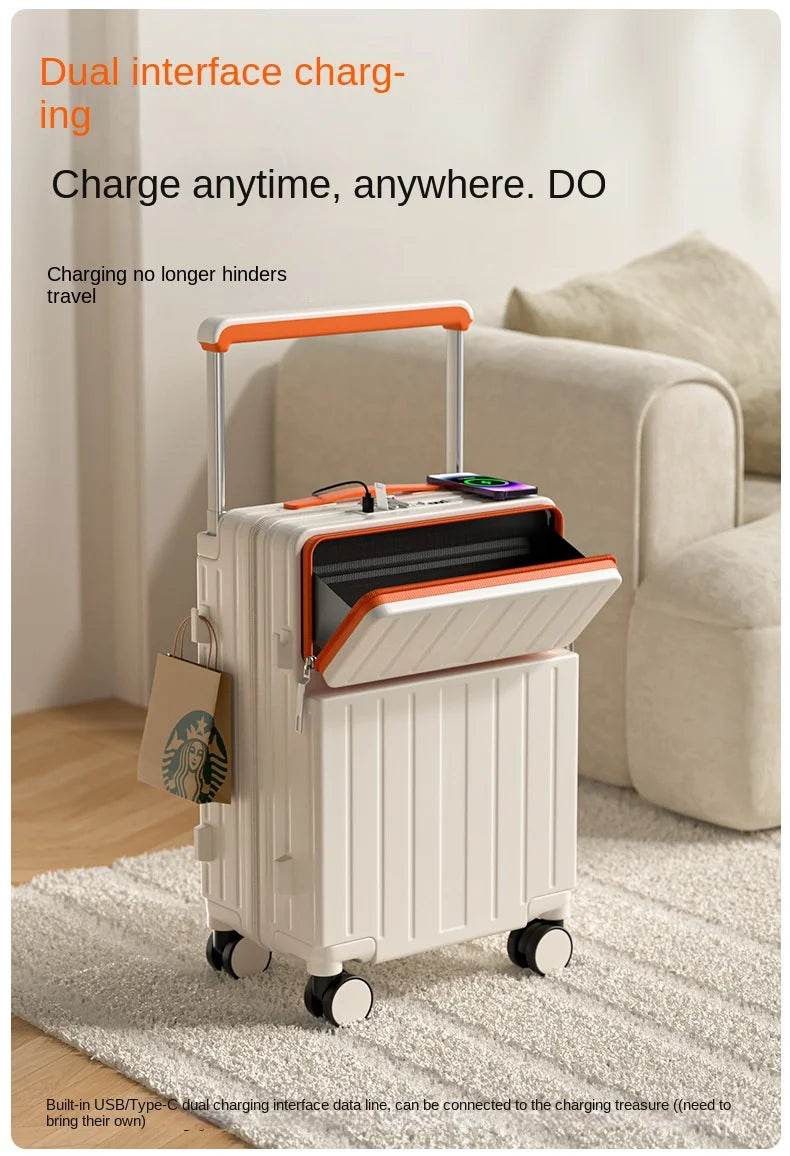 Travel Luggage Wide Tie Rod Suitcase Front Opening Laptop Boarding Case USB Charging 20"22"24"26 Inch Trolley Case with Wheels