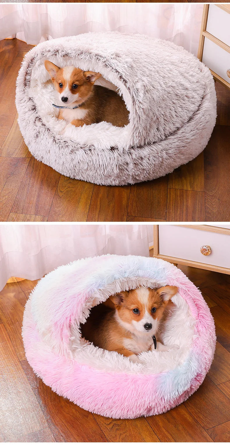 Snooze Cat Bed Round Plush Fluffy Hooded Cozy Cat Bed Cave for Indoor Donut Self Warming Small Dog Bed Anti-anxiety for Winter