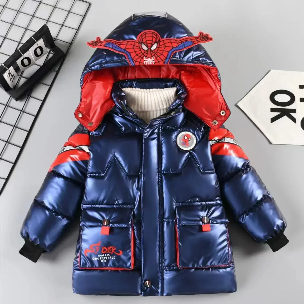 2025 Winter Kids Down Jacket Baby Boy Cartoon Spiderman Thicken Cotton-Padded Warm Hooded Parka Coat Children Clothing Outerwear