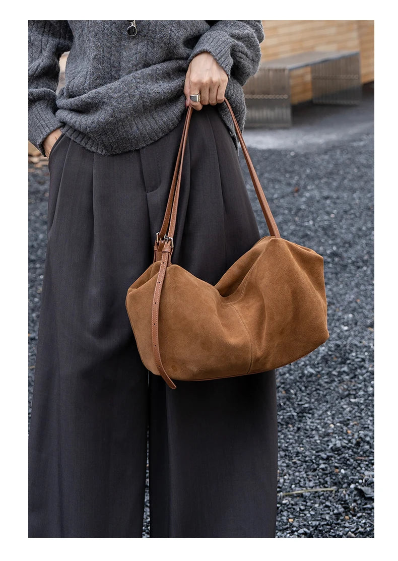 Women's Suede Cow Genuine Leather Shoulder Bags Ladies Soft Cowhide Crossbody Bag Female Design Luxury Lazy Commuting Handbag