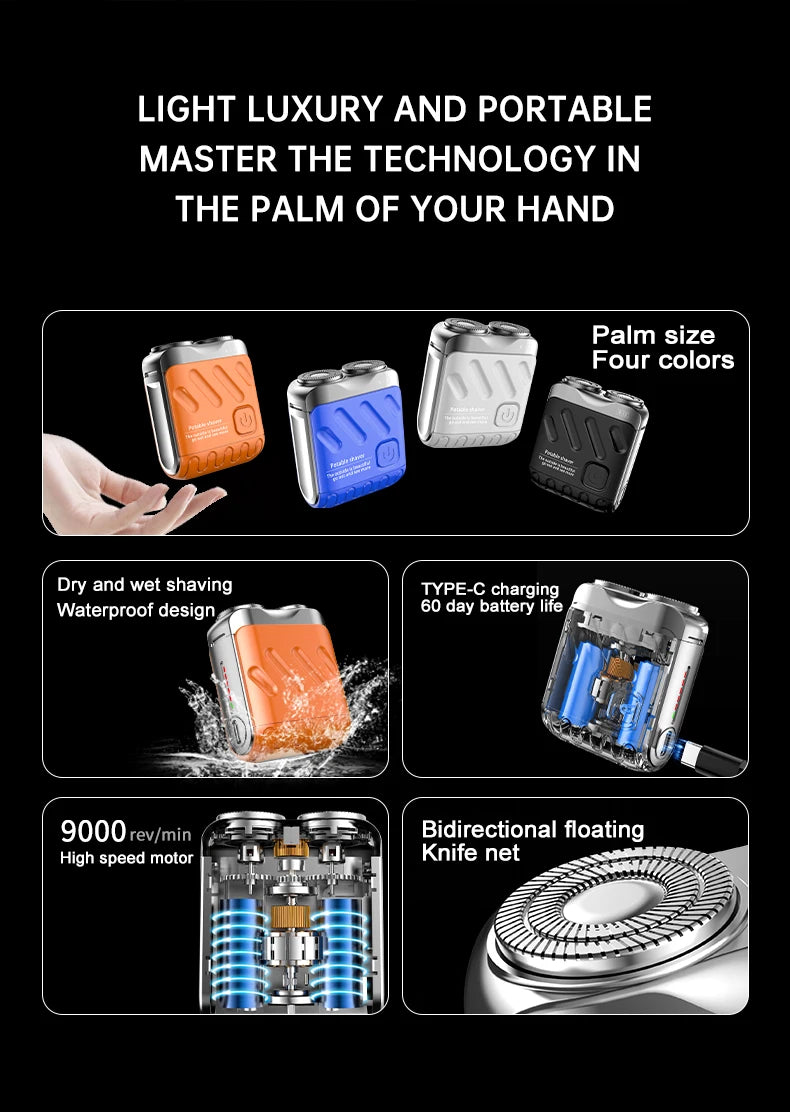 9000RPM High Speed Premium Portable Shaver Magnetic Blades 60Days Battery Life Type C Fast Charge IPX7 Waterproof Travel Razor