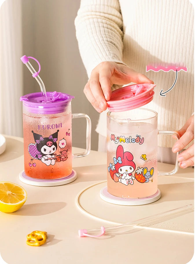 For Sanrio Collaboration Straw Glass Cup Transparent Coffee Mug Cartoon Print Water Cup with Scale＆Handle Home/Office Drinkware