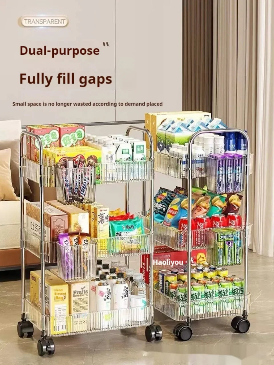 3 Layers Transparent Storage Rack Trolley Acrylic Rolling Cart with Hanging Basket Bathroom Acrylic Makeup Bookshelf organizer