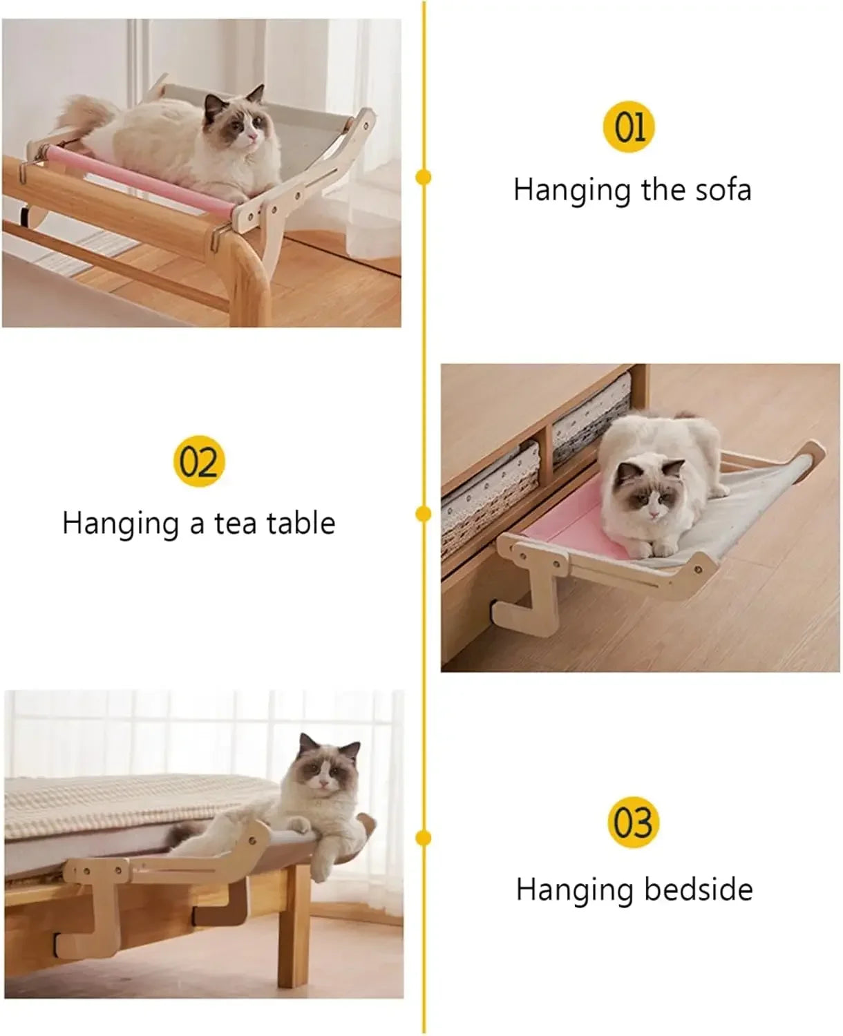 Cat hammock with pet window, Cat hanging hammock with detachable balcony, wooden stand, indoor turndown bed, pet nest