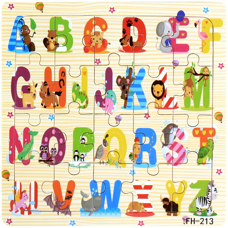 20piece Wooden Puzzle Cartoon Animals Car Letter Number Pattern Jigsaw Puzzles Game Kids Educational Learning Toys for Children