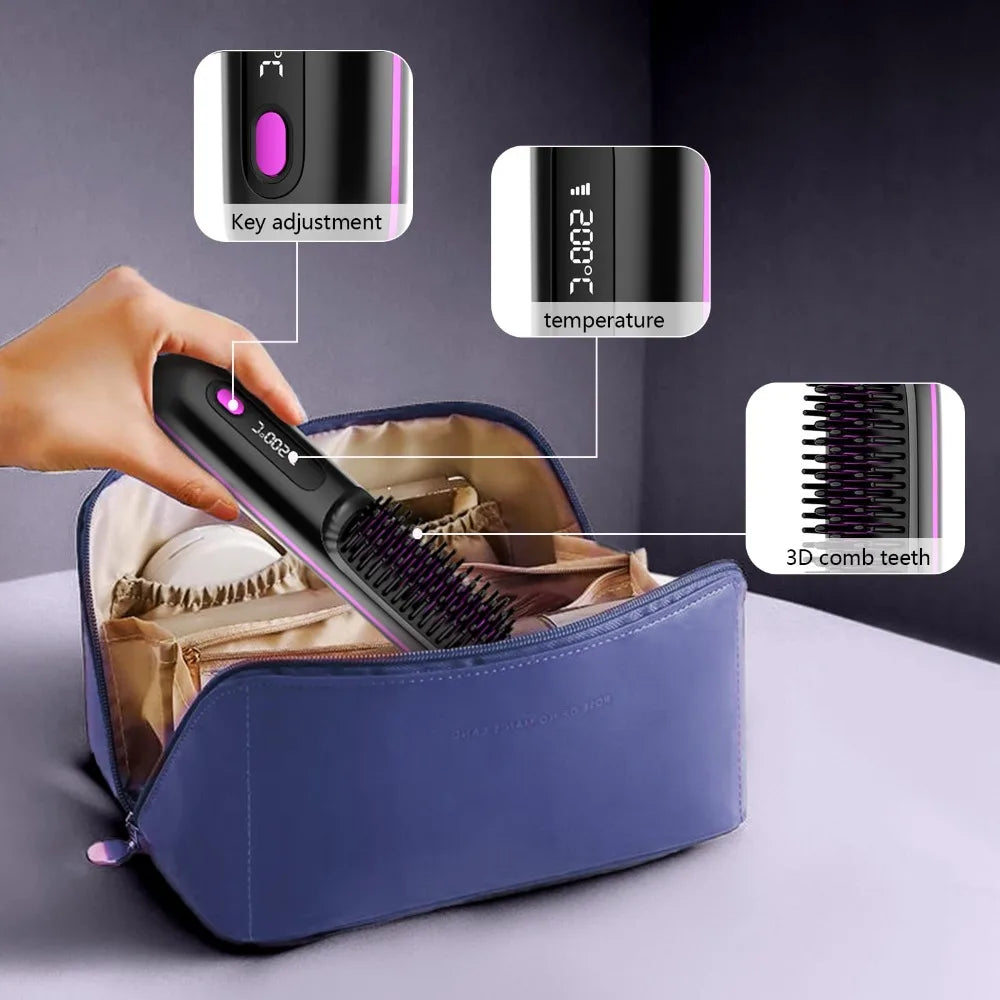 Portable Straightener Brush& Curler 2-in-1– Cordless Comb with Negative Ion,4000mAh Fast Heating&Portable Travel