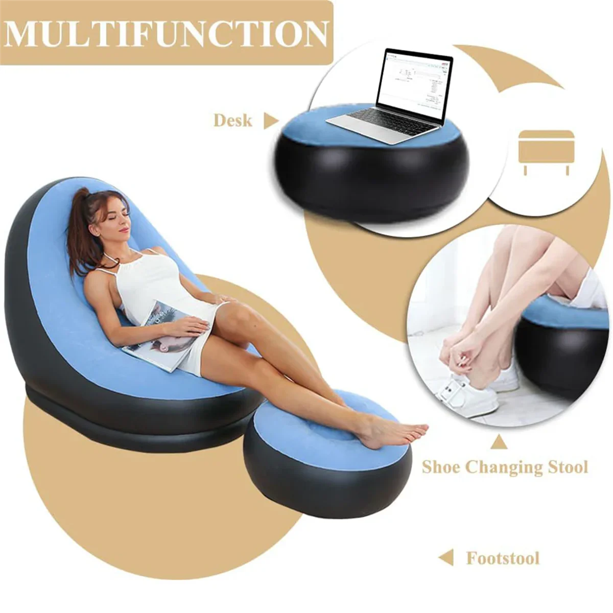 Lazy Sofa Inflatable Chair Folding Recliner (Sofa + Footrest) Outdoor Sofa Bed with Footrest Indoor and Outdoor Portable Folding Air Mattress Nap Leisure Chair Set