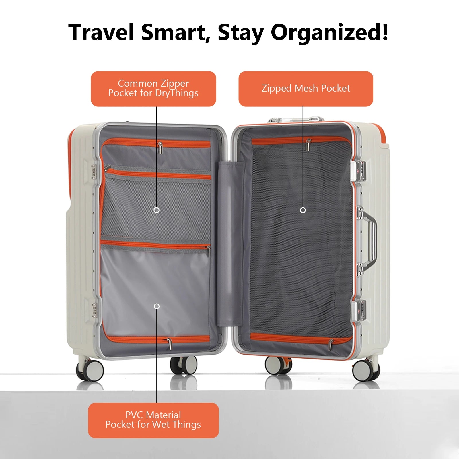 AIWEINY Luggage Aluminum Frame Hard Shell Trolley Case, TSA Lock, with Cup Holder and Phone Holder, USB, 20“-26”