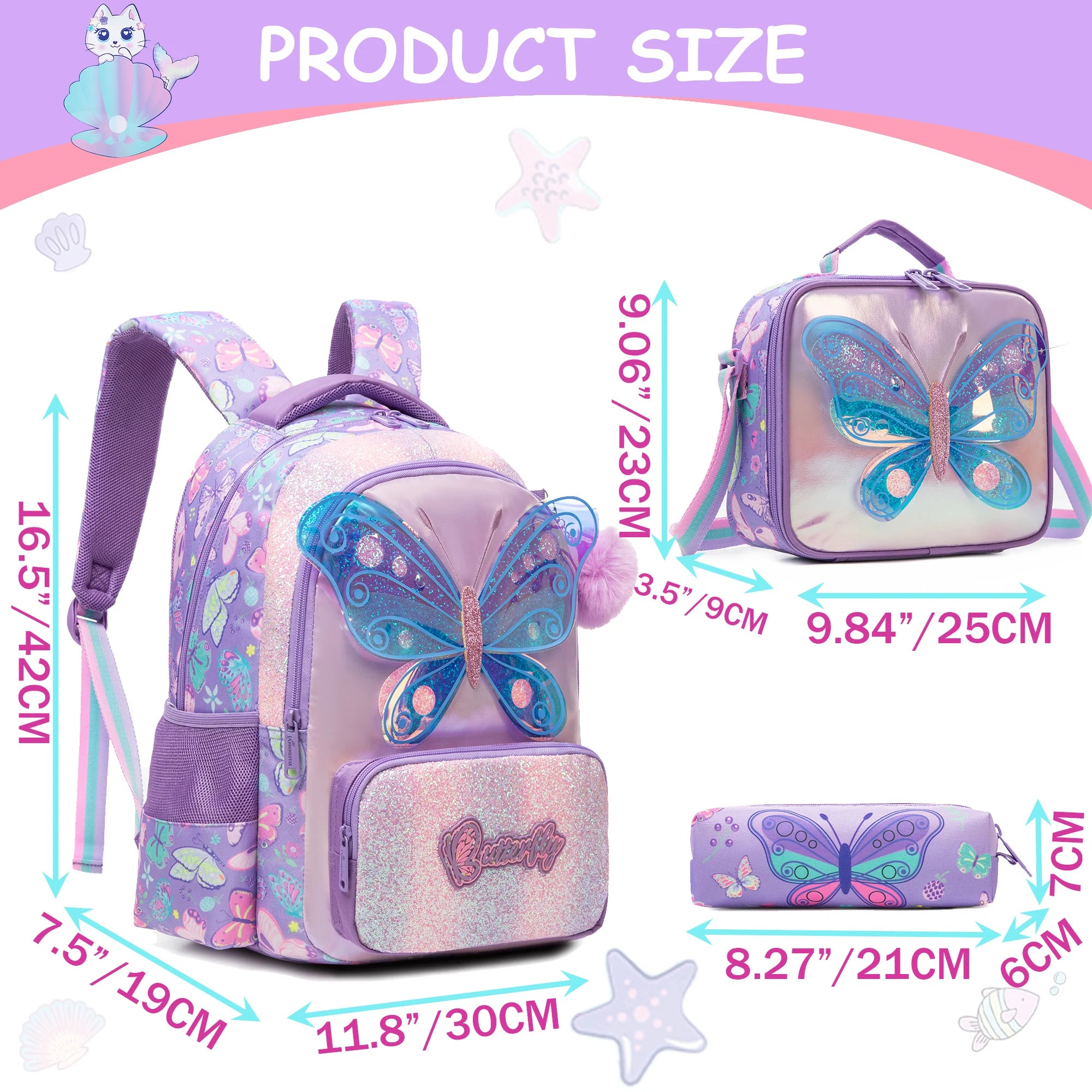 kids backpacks with Lunch Bag for girls 3pcs girls bookbag and Lunch Box Set for Elementary Middle School