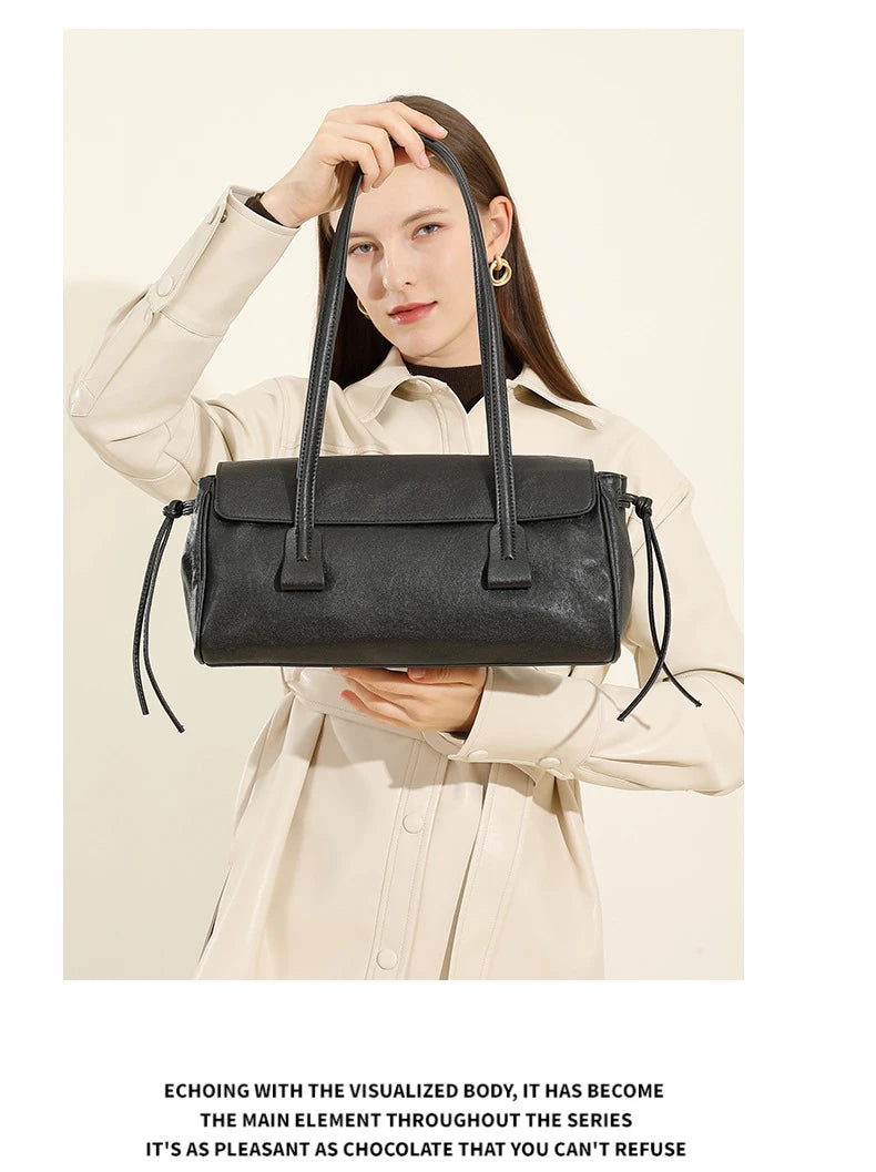 2025 New Genuine Leather Women's Shoulder Bag Large Capacity Cowhide Luxury Handbag Long Strip Black Baguette Bag Female