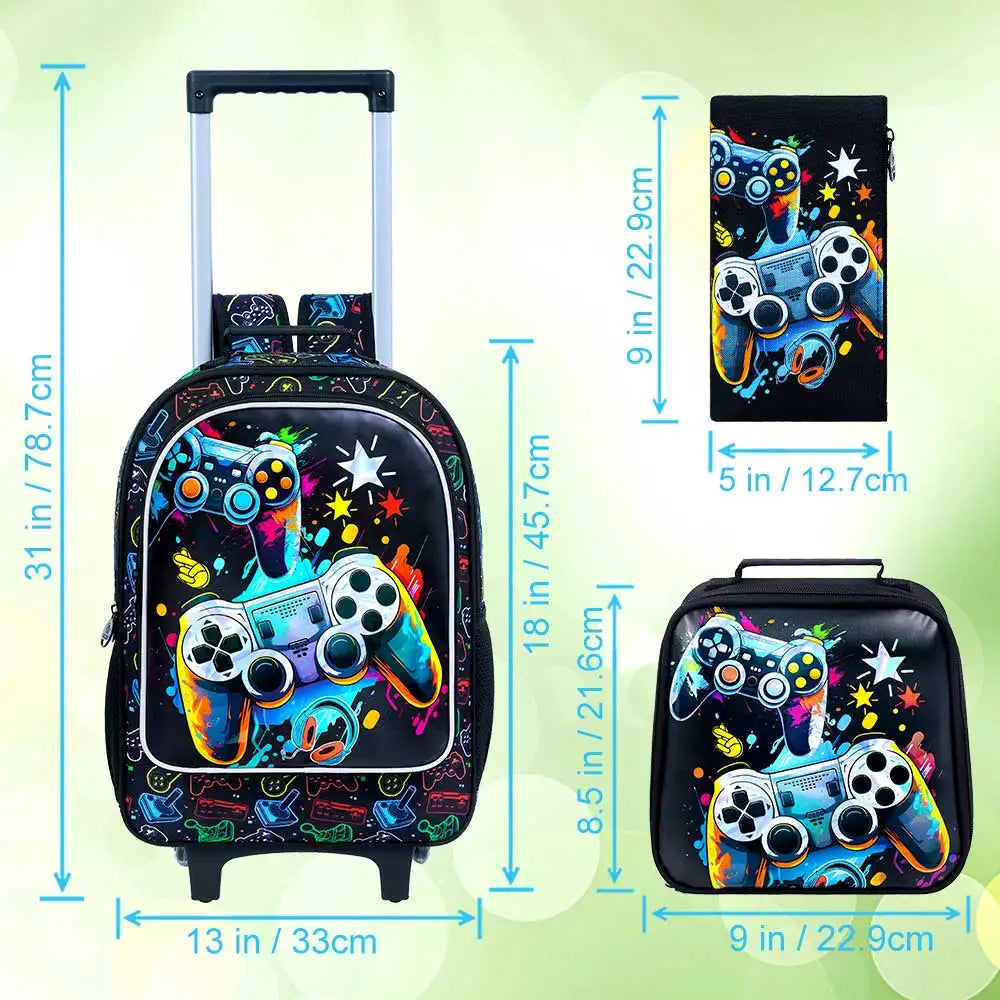 Rolling Backpack for Boys, 3PCS Kids Roller Bookbag with Lunch Bag, Wheeled School Bag for Children - Game Console