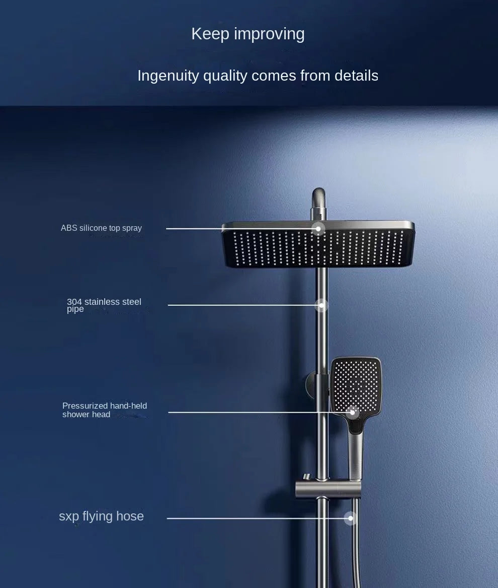 Luxury Wall Mounted Smart Button Digital Display Shower Set Thermostat System Glass Countertop Bathroom Brass Rain Shower Set