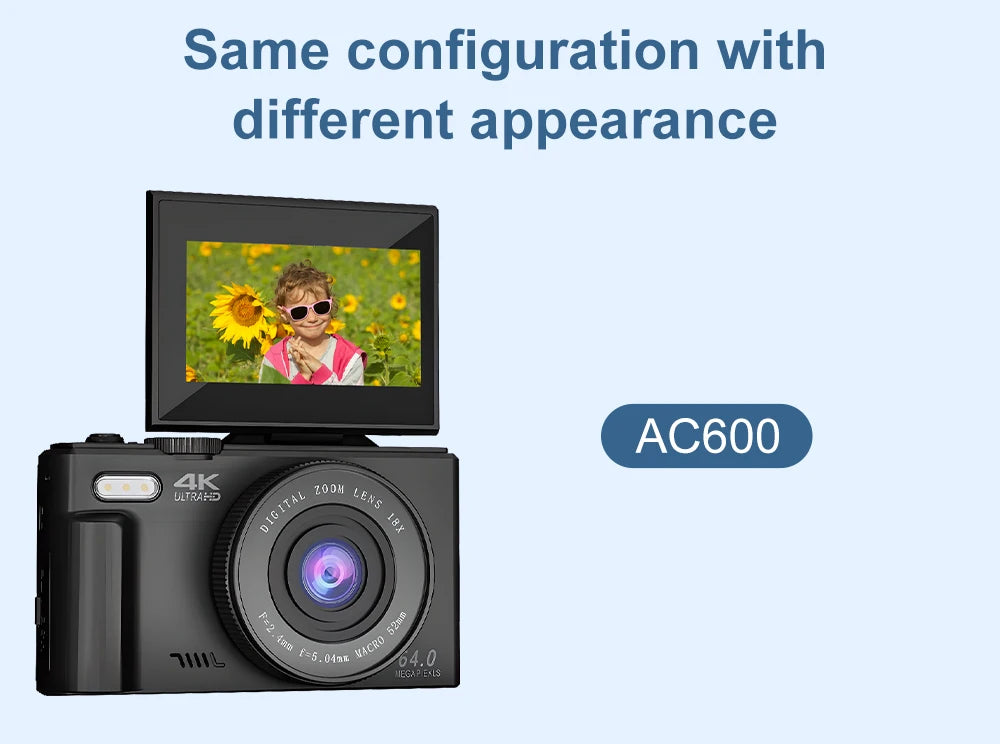 Ourlife AC600 Digital Camera 4K 64MP UHD Cameras 18X Digital Zoom 180° Flip Screen Vintage Vlogging Camera for YouTube Autofocus