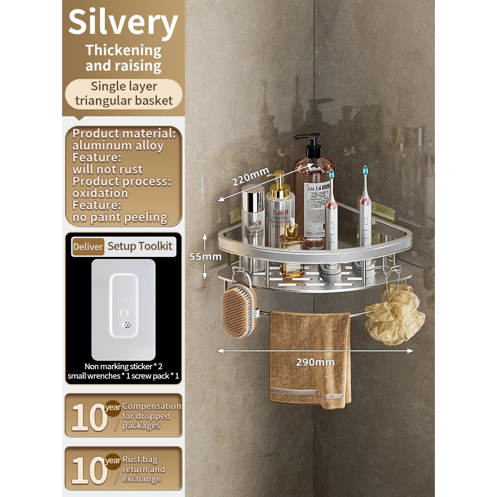 No Need to Drill Walls for Installation Aluminum Bathroom Shelf Shelves Shampoo Rack Storage Holder Kitchen Organizer