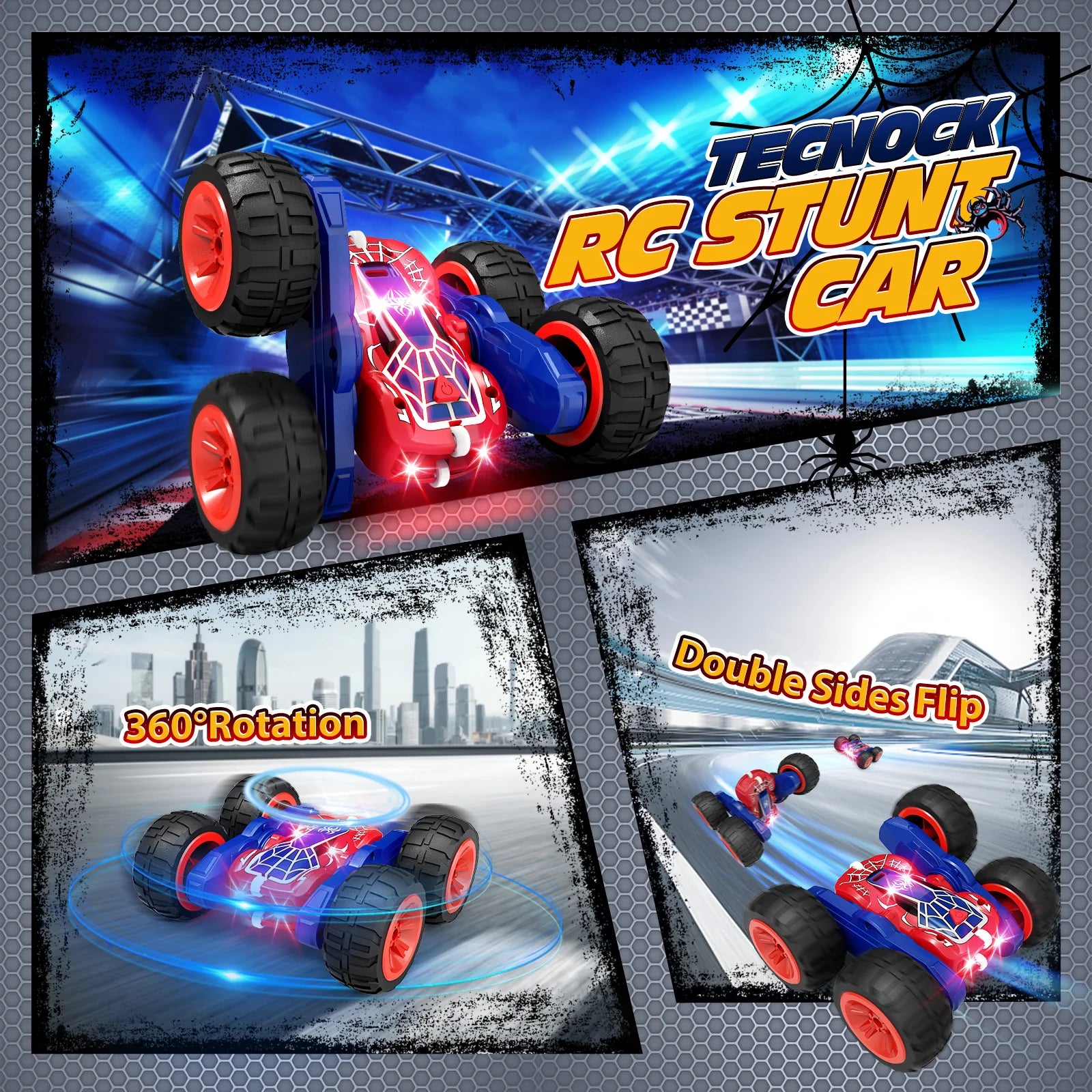 Remote Control Car with Lights, Type-C Fast Charging, 2.4GHz Double Sided Flips RC Cars, 360° Rotates RC Stunt Car Toys for Kids