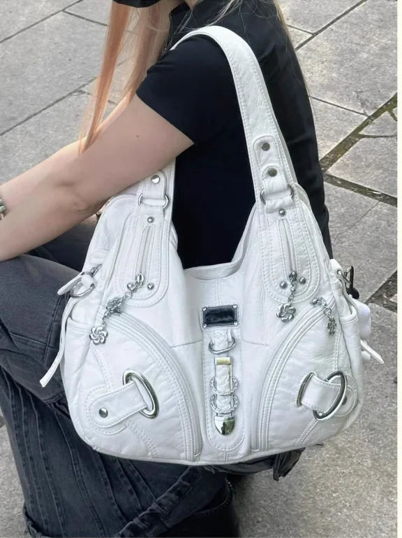JIAERDI Vintage White Large Capacity Handbag Women High Street Leather Pocket Y2k Shoulder Bags Ladies Retro Purse Bagutte Bag