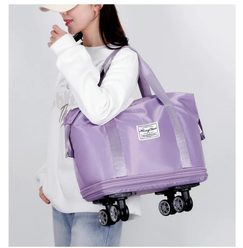 Universal Wheel Expandable Luggage Large Capacity Lightweight Travel Fitness Bag with Dry And Wet Separation Storage