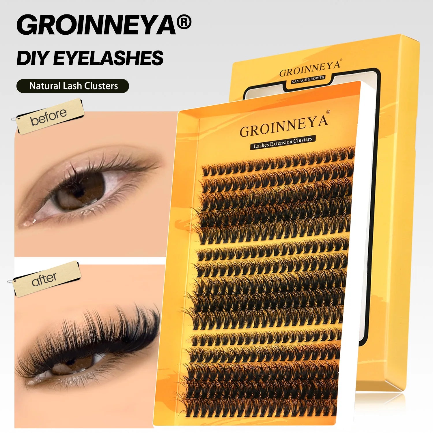 GROINNEYA Cluster Lashes DIY Eyelash Extension C Curl Long Individual Lashes Mixed Tray Faux Mink Lash Clusters Extensions