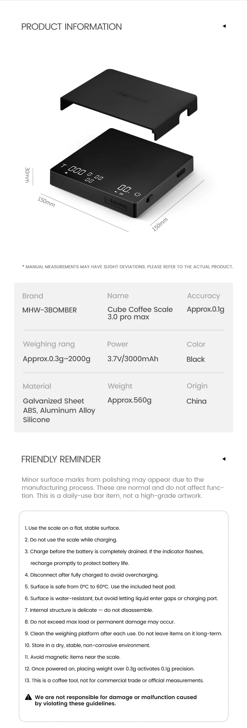 MHW-3BOMBER Upgrade Digital Kitchen Coffee Scale High Precision Rechargeable Espresso Electronic Scale Barista Accessories