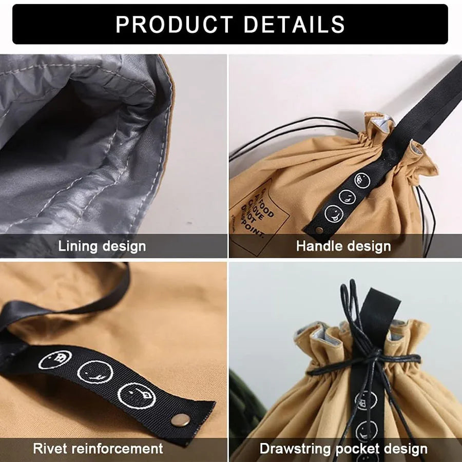 Portable Insulated Canvas Lunch Bag with Drawstring Closure Folding Bento Bag Cooler Tote Bag for Work School Picnic Camping