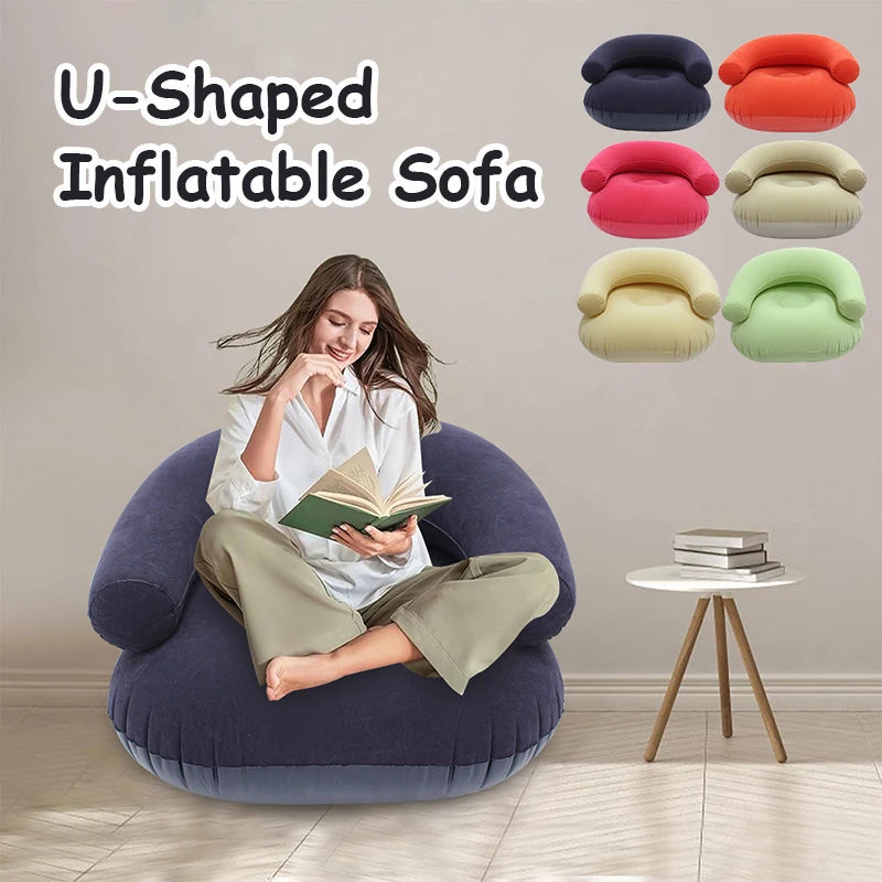 Lazy U-Shaped Inflatable Sofa Chairs Flocking Pvc Lounger Seat Outdoor Camping Living Room Portable Folding Air Single Sofa