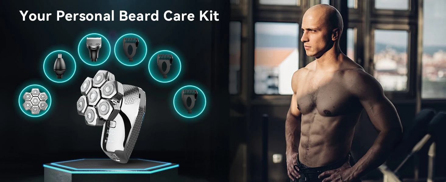 Kensen S18 Electric Head Shaver for Men Rechargeable 7D Floating Cutter Magnetic 5 in 1 Shaver Hair Trimmer Clipper Head Razors