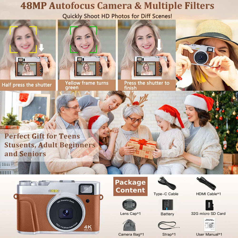 4K Digital Camera Auto Focus 48MP Vlogging Camera for YouTube and Anti-Shake Video Camera with Viewfinder Flash & Dial