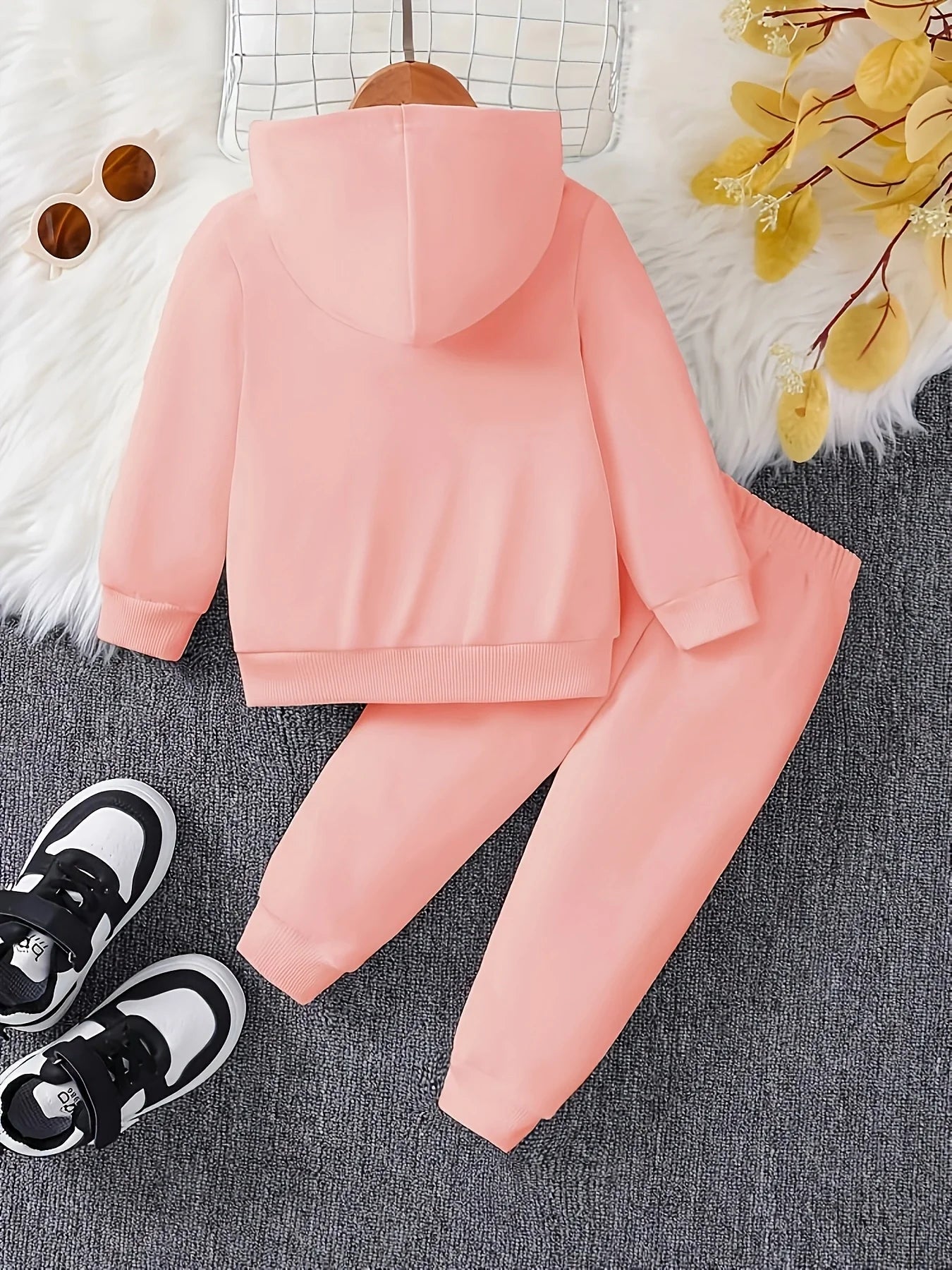 Baby girl cute cartoon cat pattern long sleeved fleece hooded sweatshirt+casual simple pants set, spring and autumn two-piece se