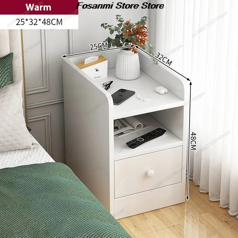 Minimalist Ultra Slim Nightstand Modern Narrow Bedside Table with Open Shelf and Drawers Space Saving Storage for Small Bedroom