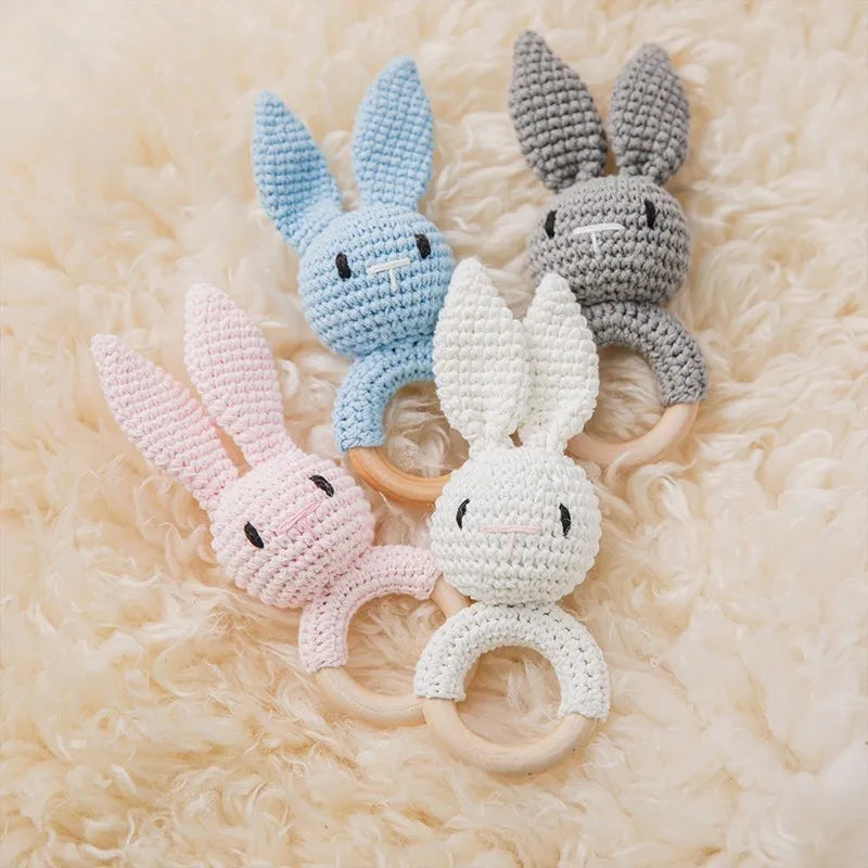 Let's Make Baby Rattles Crochet Bunny Rattle Toy Wood Ring Baby Teether Rodent Baby Gym Mobile Newborn Educational Rattles Toys