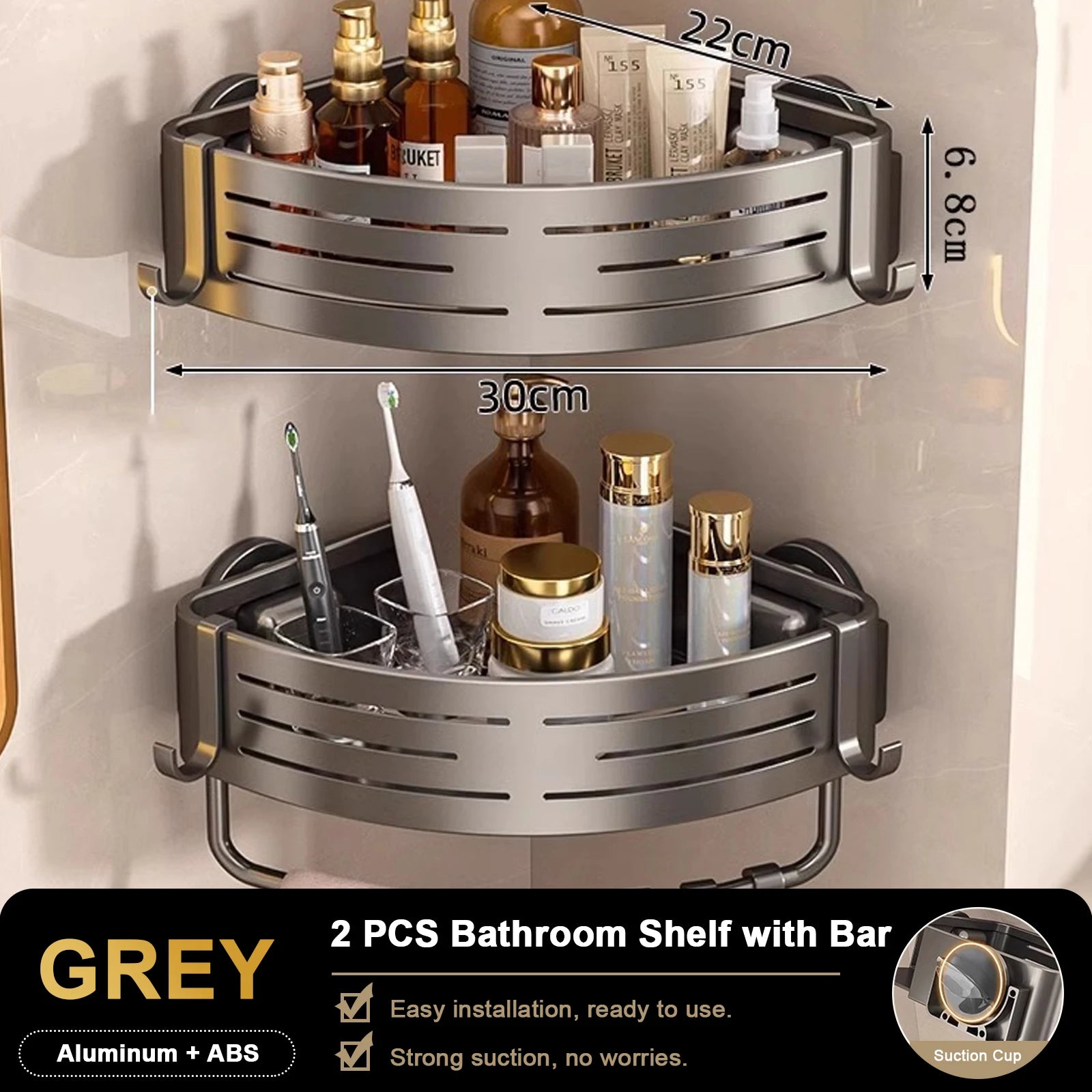 Triangular Shower Shelf with Hooks Suction Cup No Drill Bathroom Organizer Aluminum Corner Rack for Shampoo Soap Kitchen Storage