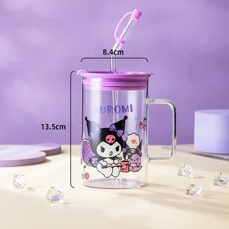 For Sanrio Collaboration Straw Glass Cup Transparent Coffee Mug Cartoon Print Water Cup with Scale＆Handle Home/Office Drinkware