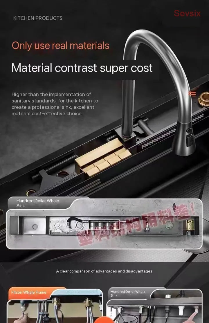 Stainless Steel Kitchen Sink with Faucet Digital Display Large Single Bowl Waterfall Rain 5 Functions System Dish Basin Sink