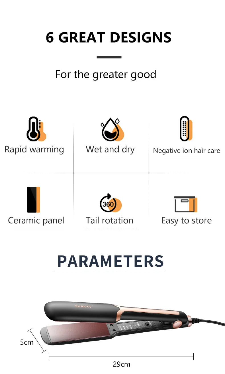 Sokany Professional Hair Straightener Ceramic Glazed No Damage 110-240V Salon Quality Styling Tool