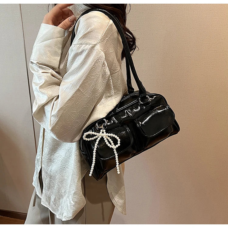 Solid Sewing Thread Fashion Glossy PU Shoulder Bags Baguette Versatile Hand Bags 2025 Hot Sale Bags for Women Bolsas Femininas