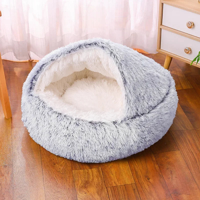 Snooze Cat Bed Round Plush Fluffy Hooded Cozy Cat Bed Cave for Indoor Donut Self Warming Small Dog Bed Anti-anxiety for Winter