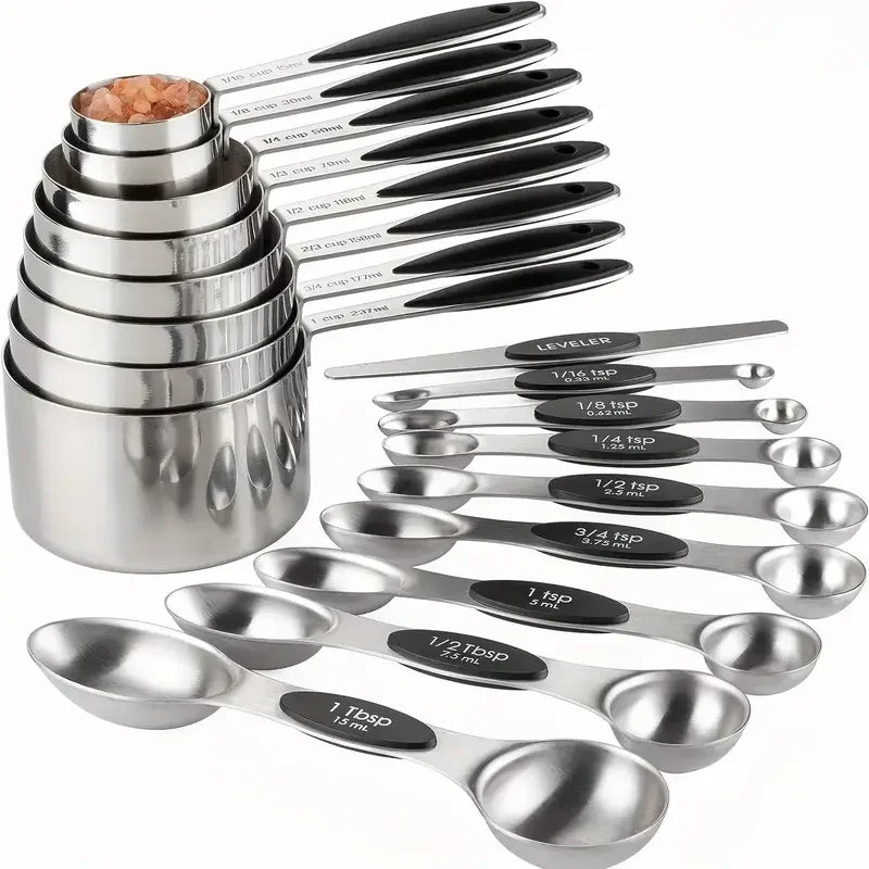 9/17 piece, stainless steel heavy duty measuring cup and spoon set, double-sided magnetic for drying and liquid ingredients