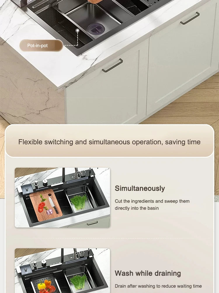 Kitchen Sink Stainless Steel Waterfall Sinks Extra Large Single Slot with Digital Display Faucet Set For kitchen