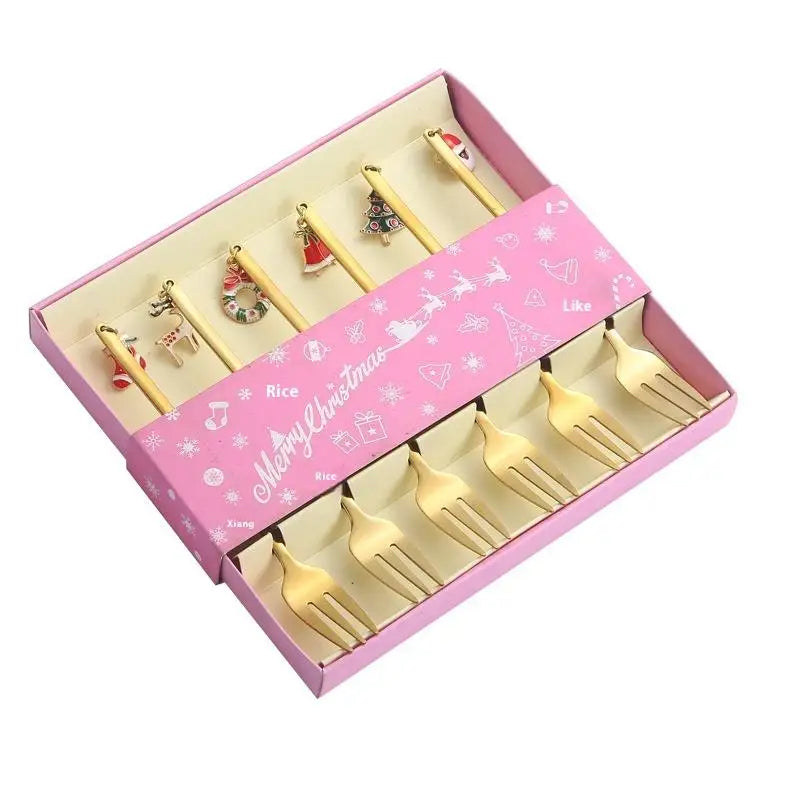 6PCS Christmas Spoons Coffee Cutlery Set Stainless Steel Cutlery Set Dessert Spoon Forks Christmas Gifts Elk Christmas Decoratio