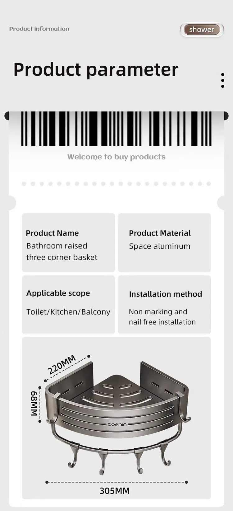 No Drill Bathroom Corner Shelf Wall Mounted Shower Corner Shelves with Hook Towel Bar Space Aluminum Bathroom Organizer Rack