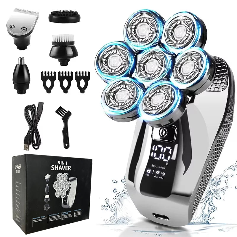 5 in1 Head Shavers for Men 7D, Cordless Bald Head Shaver Wet&Dry Waterproof Electric Razor for Men with LED Display Grooming Kit