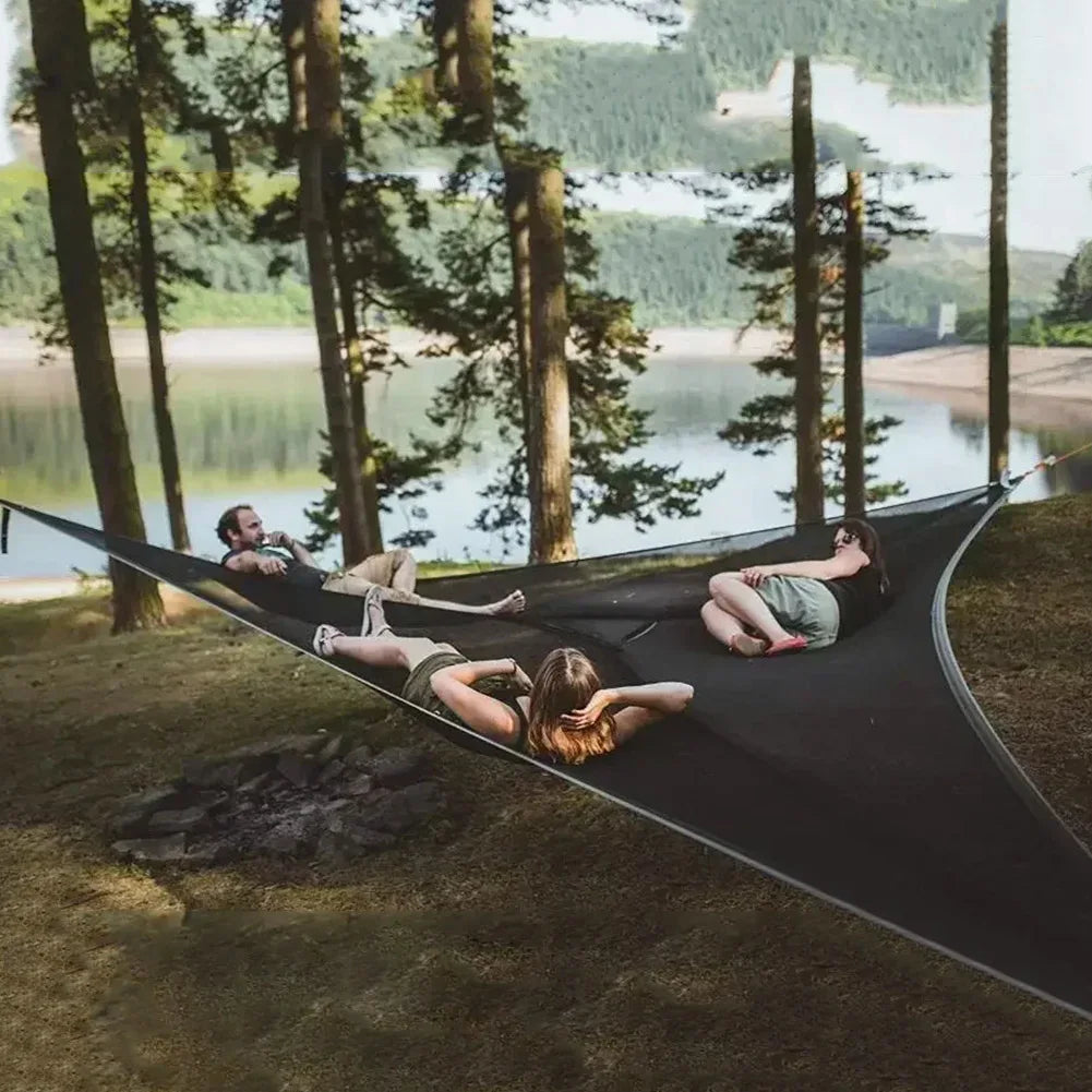3-4 Person Anti-Rollover Hammock Swing Outdoor Camping Portable Triangle Hammock High Strength Canvas Hanging Bed for Hiking