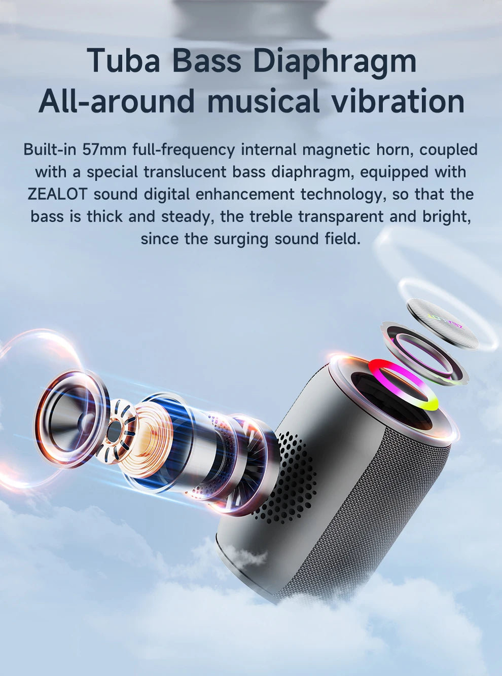 ZEALOT-S32PRO 15W Portable Bluetooth 5.2 Speaker Outdoor Waterproof Wireless TWS Mini Column Box Speaker Outdoor TF Card