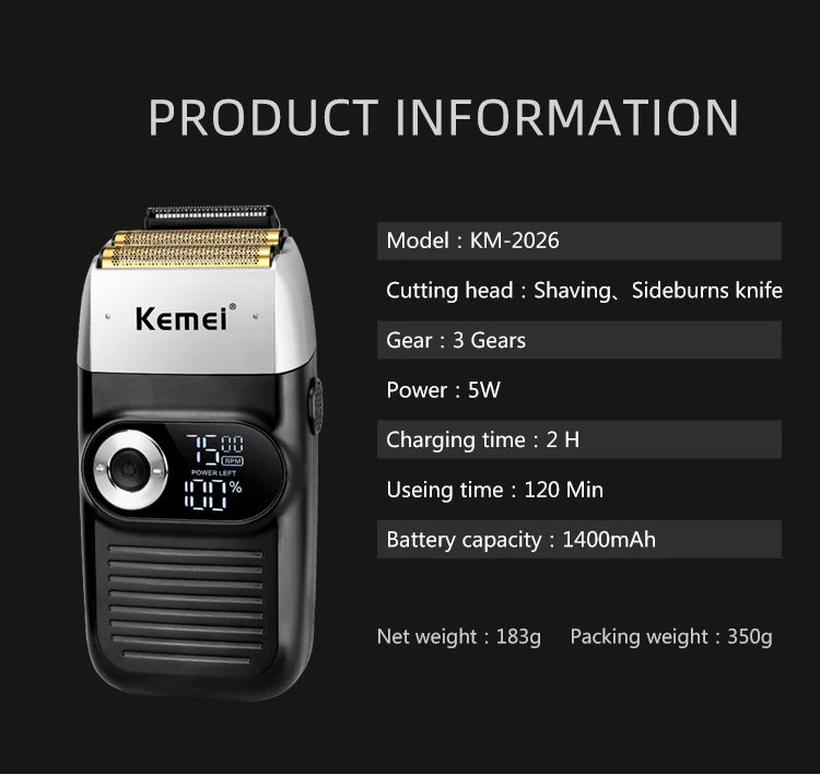 Kemei 2 in 1 Rechargeable Electric Shaver LCD Display Portable Cordless Men Reciprocating Razor Beard Trimmer